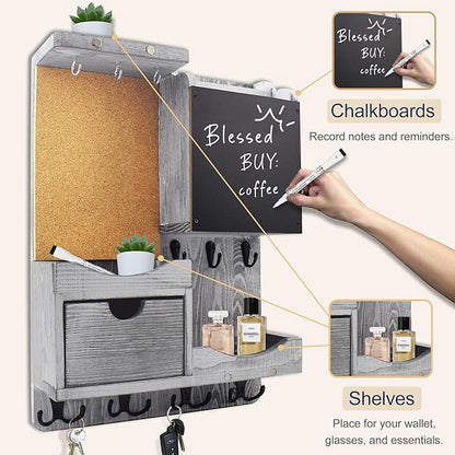 Key Holder Wall Mount， Mail Organizer Key Holder for Wall with Shelf, Drawer, Chalkboard, Corkboard, Home Decor Wall Mounted for Room Entryway(Grey)