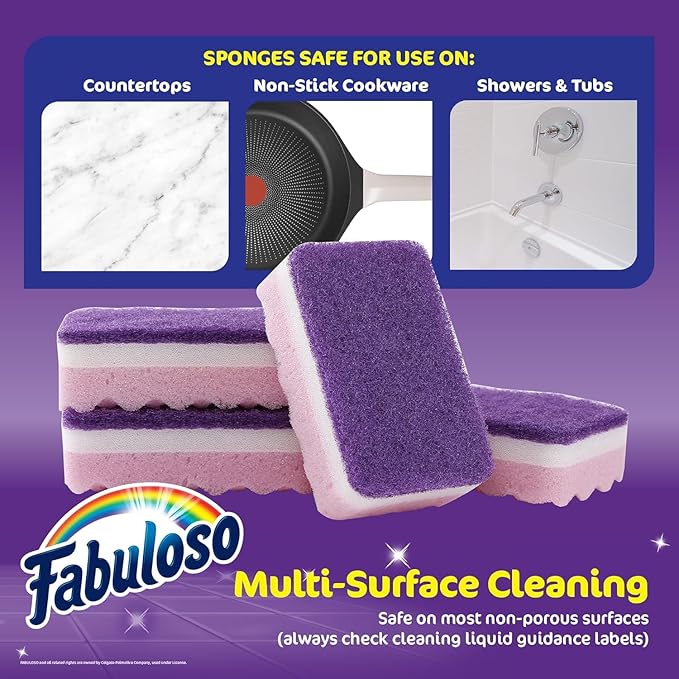 Fabuloso Scratch-Free Kitchen Dish Sponges Purple Cellulose Scrubber Sponge with Scouring Pad Dishes Pots Pans Counters and Sinks Tough on Messes 4.25 x 2.75 x 1.25 in 4 Count 2 Pack Extended Supply