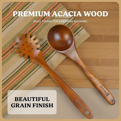 Wooden Spoons for Cooking – 7-Piece Acacia Wood Kitchen Utensil Set, Wooden Spurtles & Paddle Tools, Nonstick Safe Cooking Utensils Set Wood for Everyday Kitchen Use