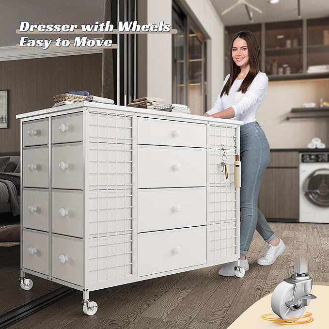 EnHomee 24 Drawers White Dresser for Bedroom, Dressers & Chests of Drawers with 4 Wheels and 40“ * 23” Wide Wooden Top, Metal Frame, Organizer Island with Hooks for Bedroom, Cloakroom, Dressing Room