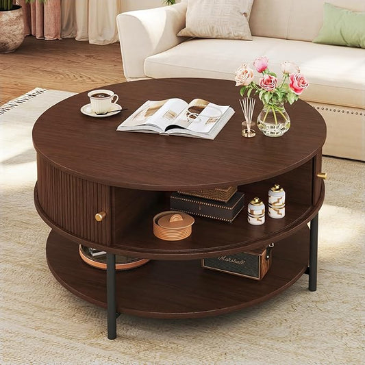 HUAHUU 31.5" Round Coffee Table with Storage, Mid Century Modern Coffee Table with Sliding Cabinet Door, Round Metal Legs, 3-Tier Small Round Coffee Tables for Living Room, Walnut
