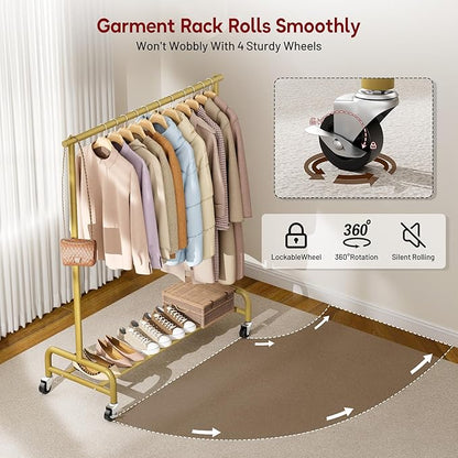 SLEEPING LAMB Heavy Duty Clothes Racks for Hanging Clothing Rack, 43" Wide Rolling Garment Rack Metal Wardrobe Rack with Wheels Closet Hanger Rack for Coats, Shirts, Dress (Gold)