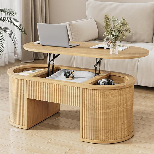 Fluted Lift Top Coffee Table with Storage, Oval Living Room Center Table with Hidden Compartment, Modern Mid-Century Wood Coffee Table for Small Spaces, Home Office, Natural