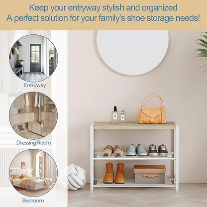 Yusong Shoe Rack Organizer, 3 Tier Industrial Shoe Storage Shelf for Closet Entryway, Narrow Sturdy Metal Shoe Shelves, White