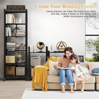 BAYOYONI 6 Tier Industrial Bookshelf - Storage Shelves with Two Usage Modes - Foldable Metal Bookshelves for Living Rooms, Offices, and Bedrooms (Black, 6 Tier)
