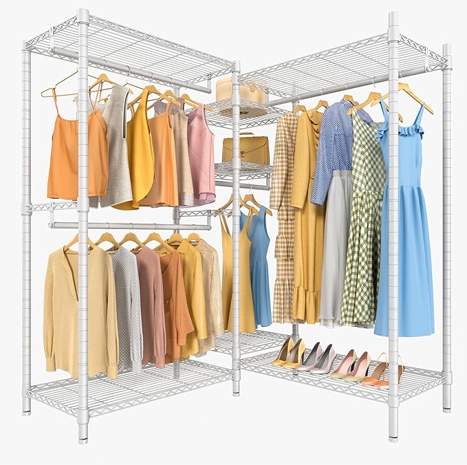 VIPEK L6 Heavy Duty Clothes Rack L Shape Clothing Rack 5-Tier Wire Garment Rack Freestanding Closet with 7 Adjustable Shelves & 4 Hanging Rods, 42.1" L x 42.1" W x 76.4" H, Max Load 850LBS, White