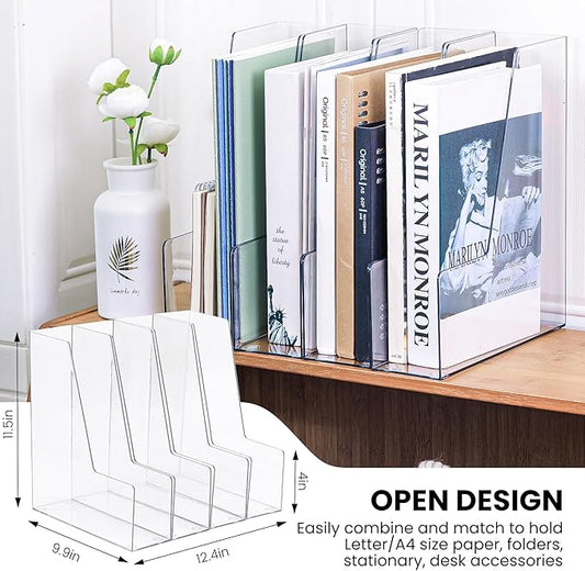 LALOBLUE Vertical Magazine File Holder, Clear, 4 Pack | Plastic, Holds Magazines, Binders, Notebooks, Envelopes, Desk Organizer and Storage Bins
