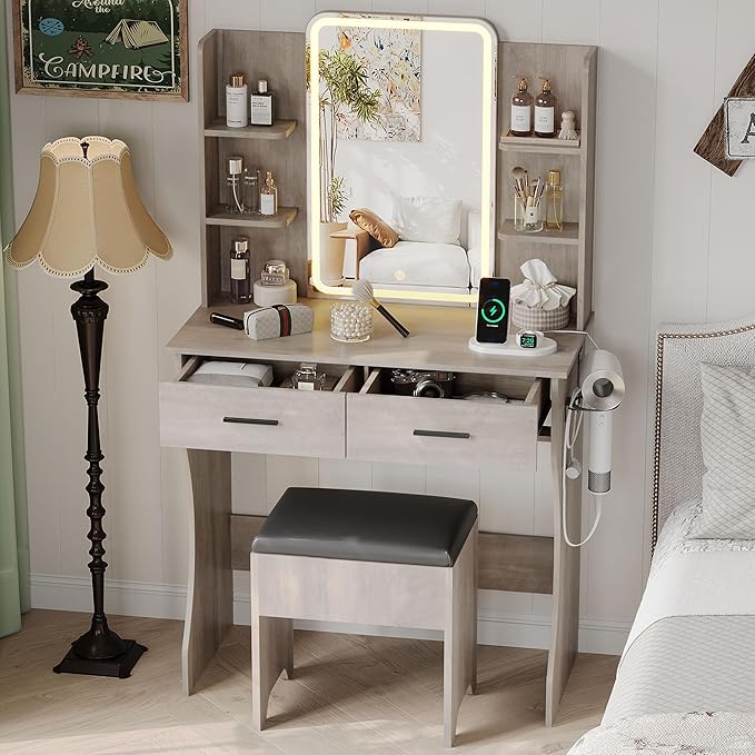 Small Vanity Desk with Mirror and Lights, Makeup Vanity with LED Lights, Grey Vanity Mirror with Lighted Desk and Chair, 3 Lighting Adjustable Compact Dressing Table with Mirror for Women, Girls