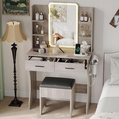 Small Vanity Desk with Mirror and Lights, Makeup Vanity with LED Lights, Grey Vanity Mirror with Lighted Desk and Chair, 3 Lighting Adjustable Compact Dressing Table with Mirror for Women, Girls