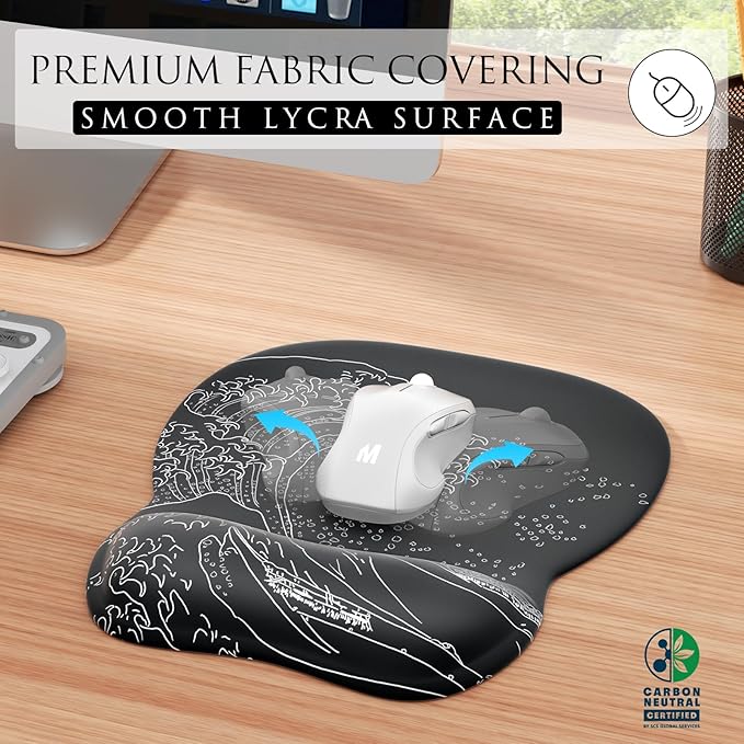 MROCO Ergonomic Mouse Pad with Gel Wrist Rest, 9.4 x 8.1 in, Kanagawa Wave | Ergonomic Shape Design, Multiple Pattern Options, Gel Wrist Comfort, Smooth Lycra Surface, Non-Slip PU Base