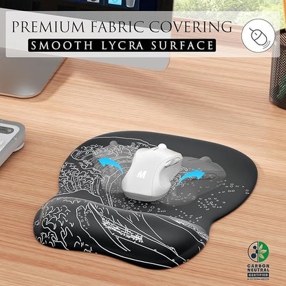 MROCO Ergonomic Mouse Pad with Gel Wrist Rest, 9.4 x 8.1 in, Kanagawa Wave | Ergonomic Shape Design, Multiple Pattern Options, Gel Wrist Comfort, Smooth Lycra Surface, Non-Slip PU Base