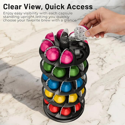 EVERIE Coffee Pod Holder for Vertuo Capsules, 40-Pod Rotating Carousel Organizer, Space-Saving Countertop Display, Smooth Spin & Secure Upright Slots, Fits All Vertuo Sizes (Black)
