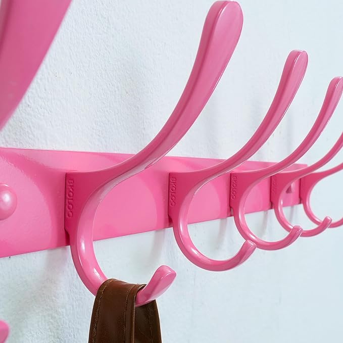SKOLOO Coat Rack Wall Mounted - 6 Hooks, Heavy Duty, Stainless Steel, Metal Wall Hangers, Sturdy Coat Hooks for Hanging Coats, Jacket, Clothes, Hat, Pink