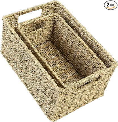 HOONEX Wicker Baskets for Storage, Seagrass Baskets with Dual Handles, Woven Baskets for Shelves, Set of 2, Natural