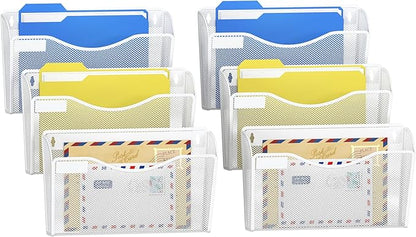 Samstar 6 Pack Mesh Wall Mounted File Holder Metal Wall File Pocket Mail Organizer for Office/Home(with Label Panel), White