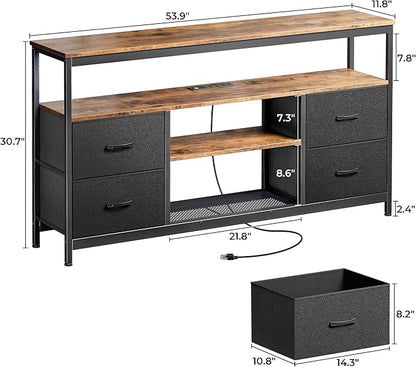 Huuger TV Stand Dresser with Power Outlets and LED Lights, 4 Drawers Entertainment Center with Shelves, 54 Inch Media Console for 55 60 Inch TV, PU Finish, Rustic Brown and Black
