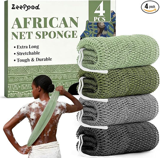 African Net Sponge Authentic-4 Packs African Exfoliating Net Sponge,Bath Sponges for Shower,42 inch Long for Normal to Sensitive Skin,Body Exfoliator Shower(Green,Olive Green,Light Gray,Black)