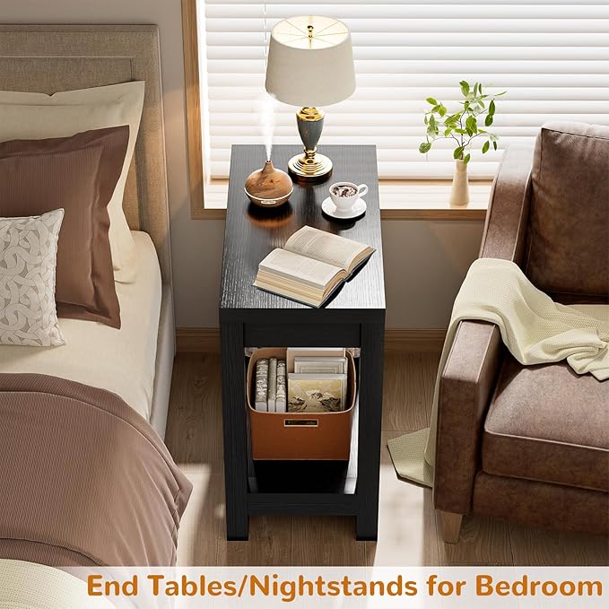 Farmhouse End Table, Narrow Side Table, Slim End Table with Storage Shelf, Small Console Table for Small Spaces, Nightstand Sofa Table for Living Room, Bedroom, 24" Embossed Wood Grain Black