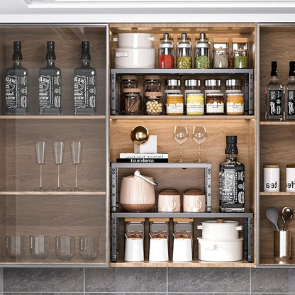 Cabinet Shelf,Expandable Adjustable Stackable Kitchen Organizer,for cabinets, Kitchens, countertops, bathrooms Shelf Organizer (2Packs/Black,Medium)