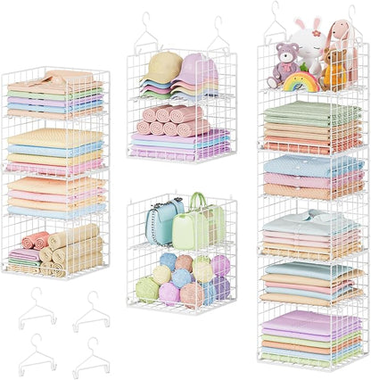 Yuyetuyo 6 Tier Raised-Height Hanging Closet Organizer, Stackable Sweater Organizer for Closet, Wire Storage Basket Bins for Clothes Purse Shoes, Hanging Shelves with 4 Hooks & 3 Dividers Adjustable