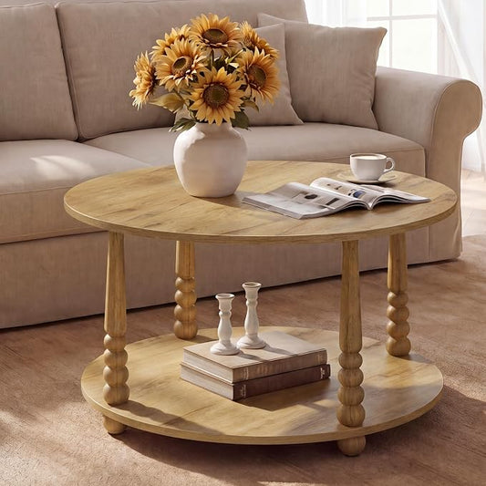 VASAGLE Round Coffee Table, 2-Tier Center Table with Storage, Solid Wood Legs, Mid-Century Modern, 31.5 Dia. x 17.7 H Inches, for Living Room, Natural Brown, Mariel Collection ULCT277HC02S