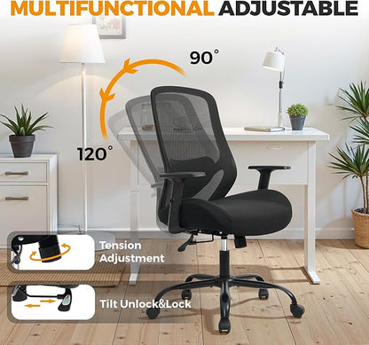 High Back Office Chair, Big and Tall Office Chair Ergonomic Comfy Chair Executive Desk Chair for Heavy Duty People 450Lbs Computer Chair with Adjustable Lumbar Support & Flip-up Arms