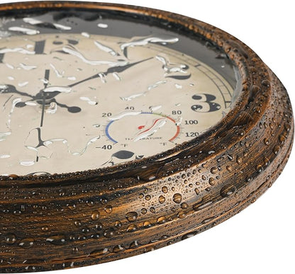 45MinST 13-Inch Vintage Outdoor Wall Clock with Thermometer and Hygrometer, Waterproof, Large Numbers, Silent, for Indoor and Outside Use,Porch,Garden,Pool(Bronze)