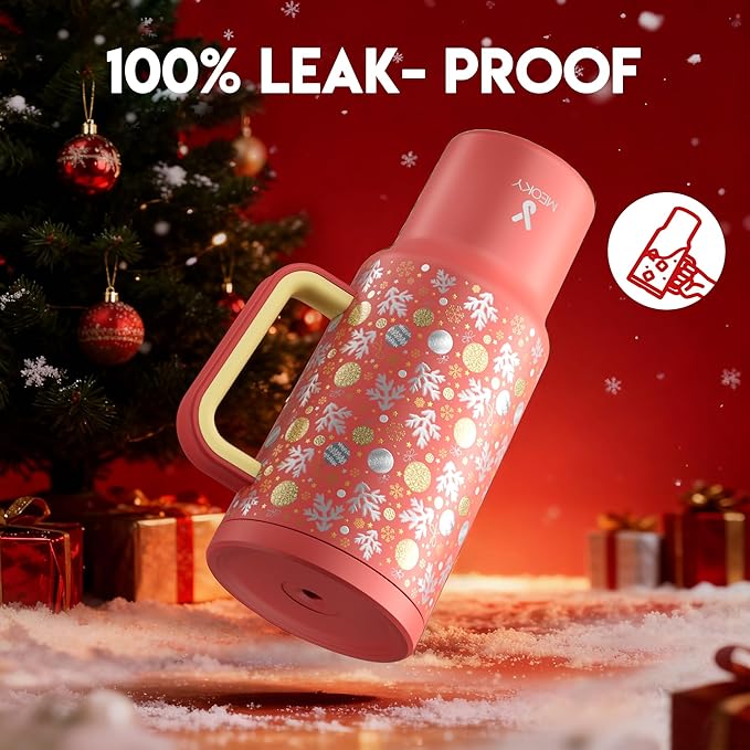 Meoky 40 oz Christmas Tumbler with Handle and Straw, Xmas Tumbler with Lid and Straw, Insulated Stainless Steel Travel Mug, Christmas Gifts for Women Men Adults (Merry Bells)