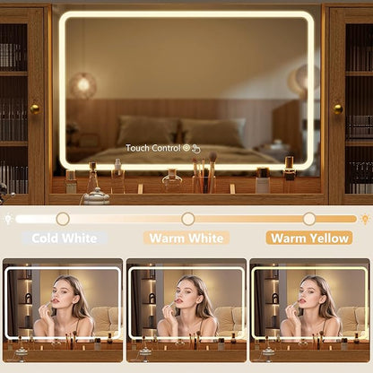 Fluted Makeup Vanity Desk with Mirror and Lights, 55" Glass Top Vanity with 8 Drawers & 4 RGB Glass Cabinets, Adjustable Shelves & Power Outlet, Modern Dressing Table Set for Women Girls Bedroom