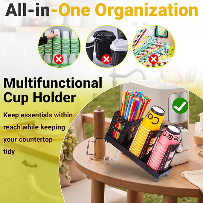 Cup and Lid Holder, Disposable Paper Cup Dispenser with Coffee Pod Straw Storage Basket, Countertop Coffee Cup Holder for Coffee Stations, Bars, Break Rooms, Living Rooms, Parties (Black)
