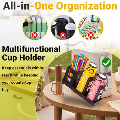 Cup and Lid Holder, Disposable Paper Cup Dispenser with Coffee Pod Straw Storage Basket, Countertop Coffee Cup Holder for Coffee Stations, Bars, Break Rooms, Living Rooms, Parties (Black)