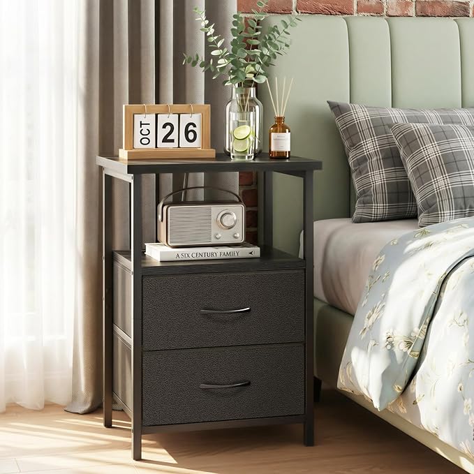 Fixwal Black Night Stand with Charger Station, Nightstand with Charging Station & Fabric Drawers
