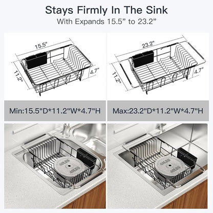 MAJALiS Dish Drying Rack Over The Sink with Utensil Holder, Mat | Expandable Stainless Steel Dish Drainer for Small Kitchen, Apartment, RV, Counter Space Saving, Perfect Fit, Rustproof