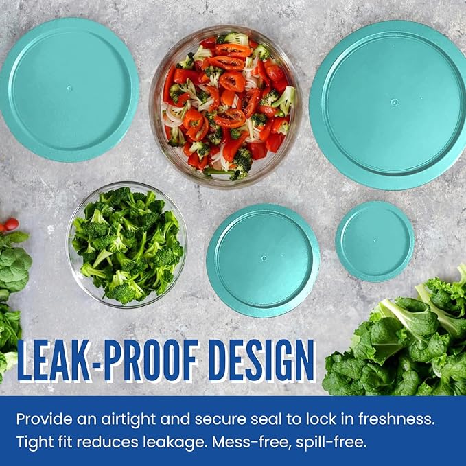 Replacement Lids fits Pyrex 6 & 7-Cup Glass Food Storage Container Bowls, 7.5-Inch Plastic Round Lids Covers for Pyrex 7402-PC, Airtight & Leakproof (6-Pack, Turquoise)