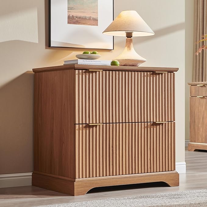 2 Drawer File Cabinet With Charging Station, 30" Fluted Lateral File Cabinet w/Files Hanging Rod for Letter/Legal/A4, Large Tabletop for Printer, Office Wood Printer Cabinets, Dark Chestnut Wood