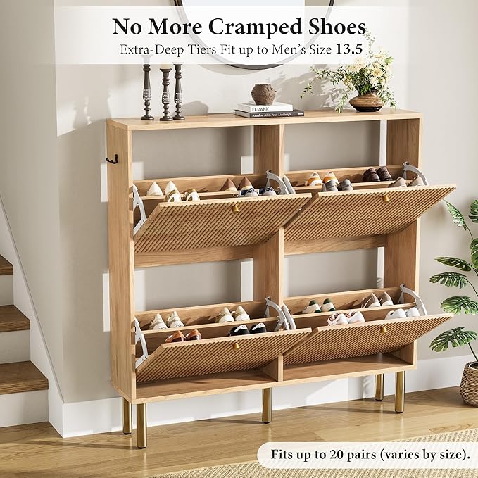 Nicetree Shoe Storage Cabinet for Entryway, Modern Natural Shoe Cabinet with Tiered Fluted Design, 9.5" Slim Shoe Rack for Small Spaces, 4 Flip Drawers Narrow Shoe Cabinet for Small Space