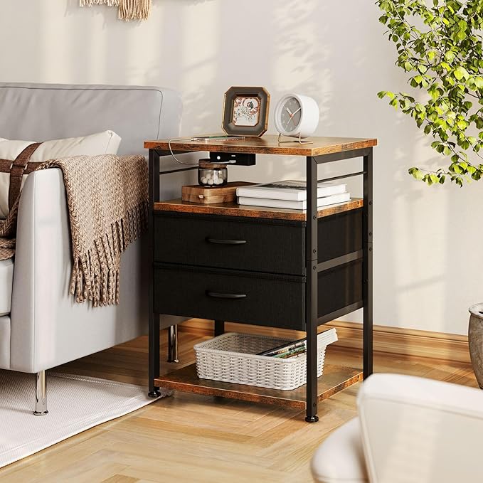 AODK Night Stand with Charging Station and LED Lights, 27.6 Inch Bed Side Table with 2 Drawers and Open Shelf, Bedside Table for Bedroom, Living Room, Vintage & Black