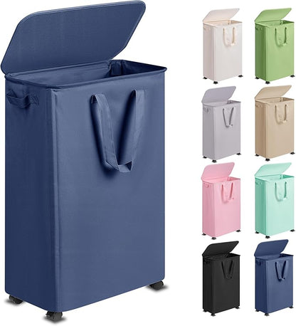 Vincona Slim Laundry Hamper with Lid and Wheels, Small Rolling Laundry Basket with Handle for Small Spaces, Tall Dirty Clothes Hampers for Dorm, Bathroom and Bedroom, 75L, Blue