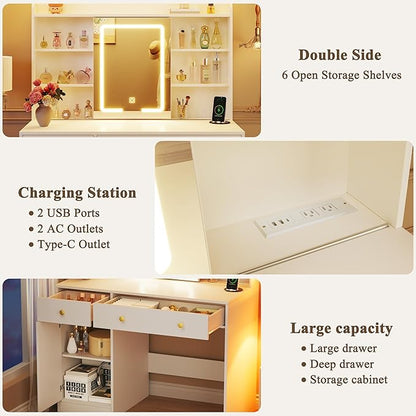 37.4" Vanity Desk with Mirror and Lights, Makeup Vanity with LED Sliding Mirror, 3-Color Lights, USB/Type-C Charging, White Vanity Desk with Storage Cabinet, 2 Drawers & 6 Shelves for Bedroom