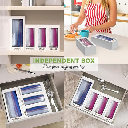 DALSHABET Bamboo Storage Bag Organizer for Kitchen Drawer, 4 Separate Food Storage Bag Organizer, 12x14 Baggie Organizer Dispenser for All Brands Gallon, Snack, Sandwich & Quart Slider Bags White