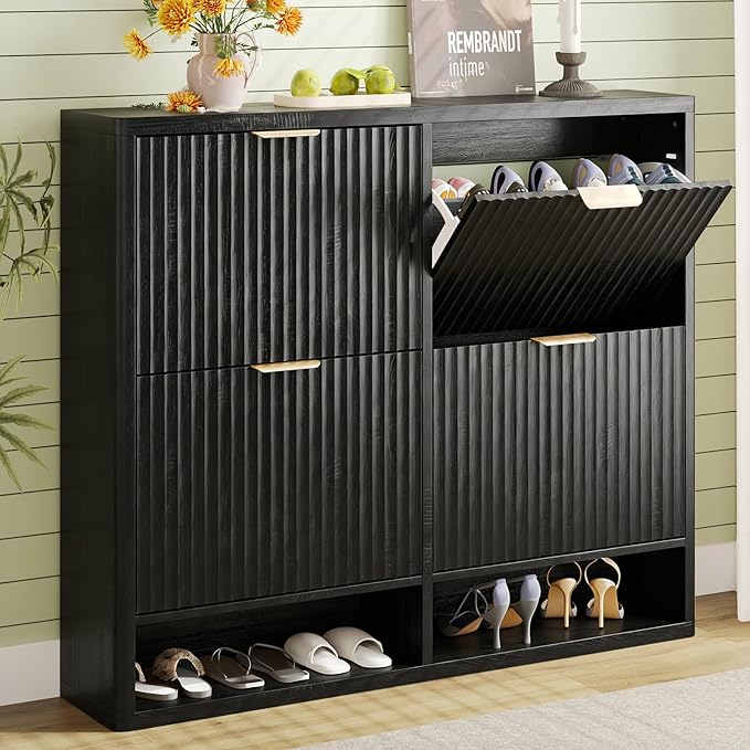 Shoe Storage Cabinet for Entryway with 4 Flip Drawers, 47.2" Large Modern Freestanding Shoe Organizer with Fluted Doors & Hidden Shoe Rack - Slim Enclosed Shoe Rack for Hallway (Black)