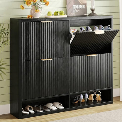 Shoe Storage Cabinet for Entryway with 4 Flip Drawers, 47.2" Large Modern Freestanding Shoe Organizer with Fluted Doors & Hidden Shoe Rack - Slim Enclosed Shoe Rack for Hallway (Black)