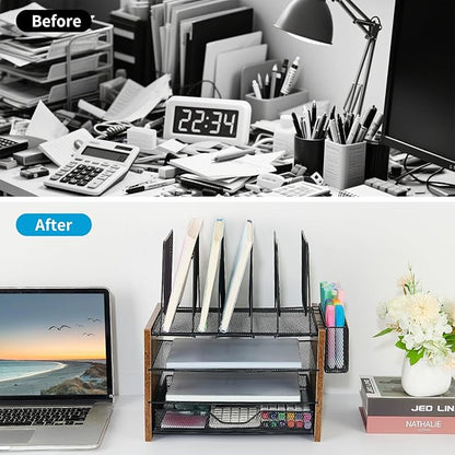 OPNICE Wood Desk Organizers and Accessories, 4-Tier Workspace Desktop Paper Organizer with Drawer, 5 Vertical File Holders and Pen Holder for Office Supplies