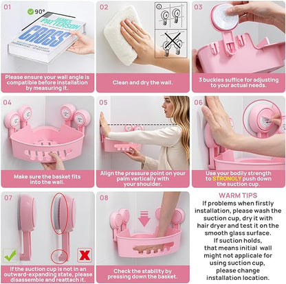 LEVERLOC Corner Shower Caddy Suction Cup, shower shelves suction cup, 2 Pack Basket Powerful Bathroom, Waterproof & Oil-proof Organizer for Kitchen, No-Drilling Removable (Pink)
