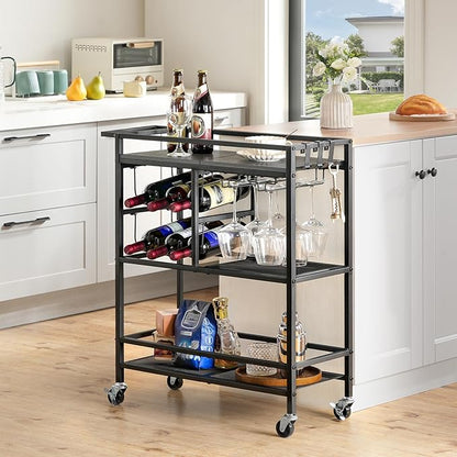 Bar Cart for Home, 3-Tier Serving Cart with Wheels and Handle, Beverage Cart with Wine Rack and Glass Holders, Rolling Wine Cart for Kitchen, Dining Room, Charcoal Gray and Black RCHT6101