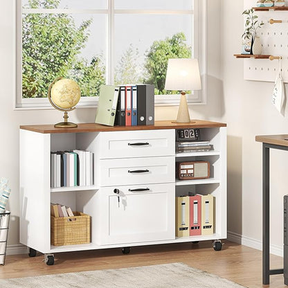 Semoic 3 Drawer Wood Lateral File Cabinet with Lock, Rolling Mobile Filing Cabinet with Open Storage Shelves, Printer Stand Office Storage Cabinet for Home Office Fits Files Legal/A4 Size, White