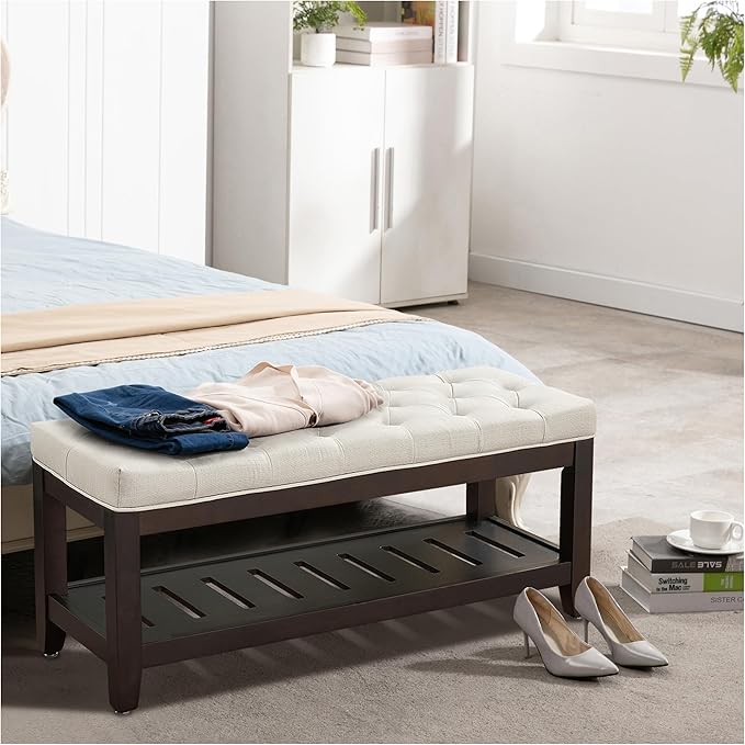 44" Ottoman Bench, Upholstered End of Bed Bench, Oversized Footrest with Wood Shelf torage Storage Bench for Bedroom, Entryway, Living Room, White