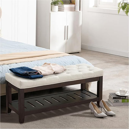 44" Ottoman Bench, Upholstered End of Bed Bench, Oversized Footrest with Wood Shelf torage Storage Bench for Bedroom, Entryway, Living Room, White