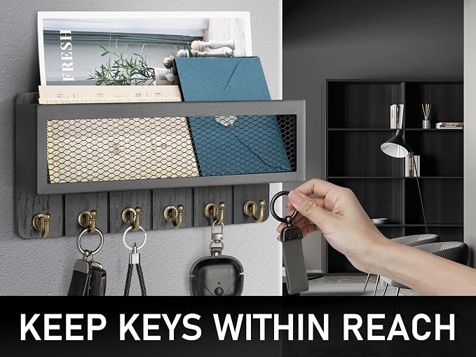 Rebee Vision Decorative Key and Mail Holder for Wall: Farmhouse Wall Mount Sorter with Storage Basket and 6 Retro Key Hooks - Wooden Mail Holder for Office, Appartment, Home Decor (Modern Black)