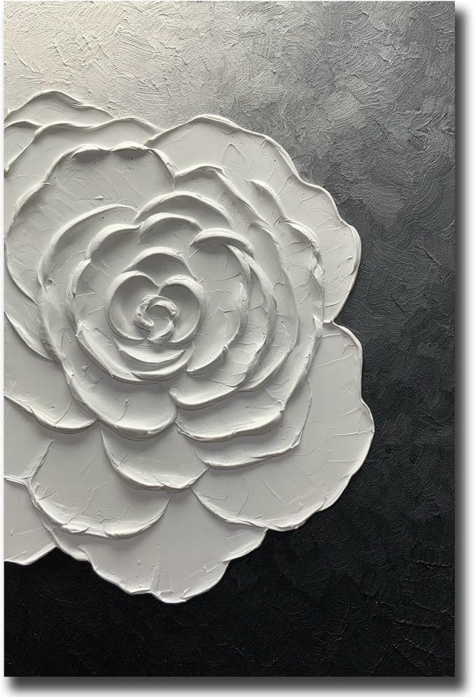 moshinart 24 x 36in Hand-Painted Oil Painting 3D Texture Black White Grey Modern Minimalist Black Abstract Wall Art, Home Office Wall Decoration Flower